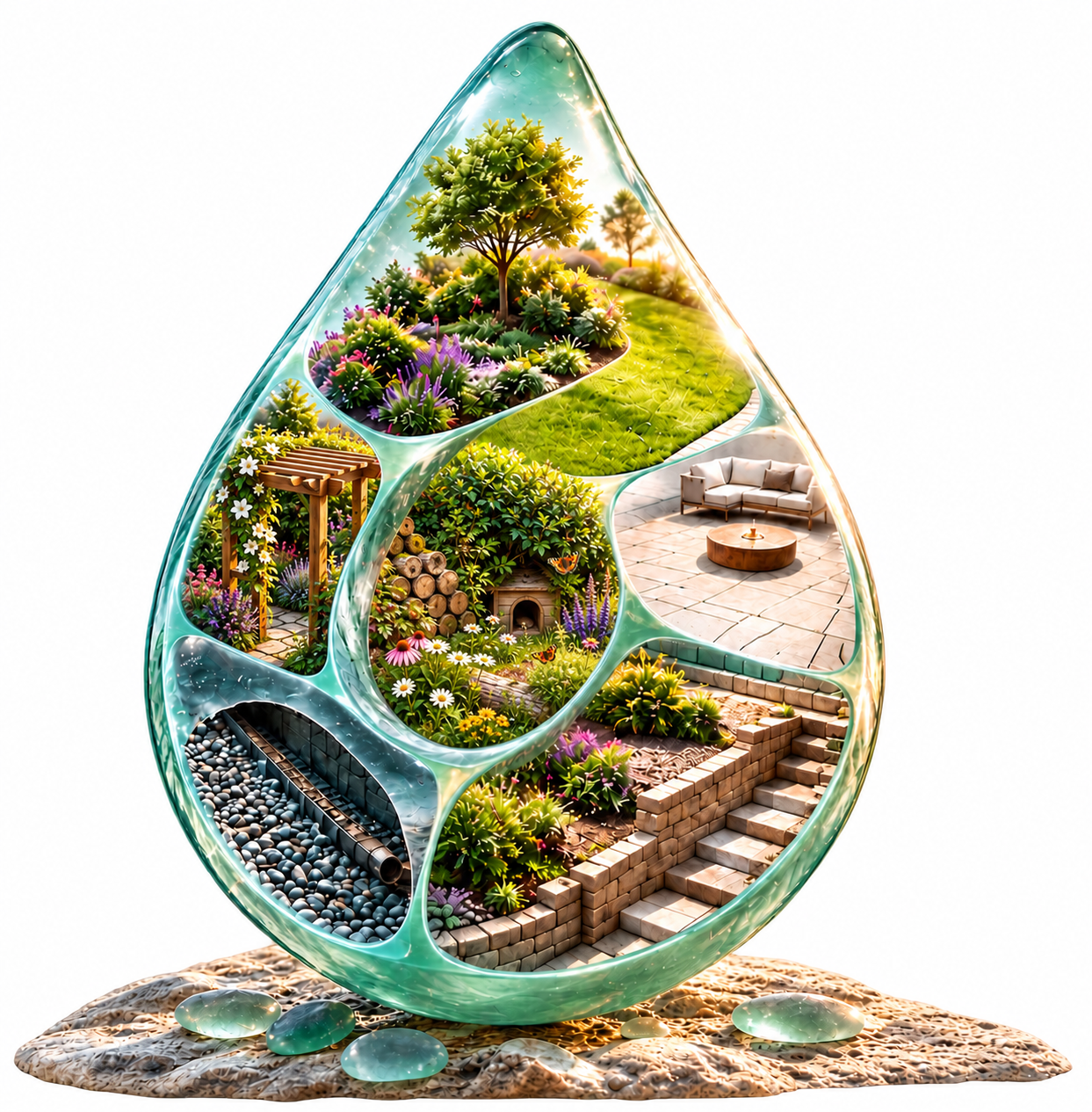 Sea-glass garden with planting, lawn, patio, steps, drainage, a timber pergola and a wildlife corner.